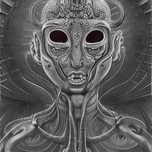Image similar to a naraka buddhist alien demon korean, thailand art, tubular creature, blood vessels, black energy, dystopian surrealism, artstyle alex ries zdzisław beksinski, symmetry accurate features, very intricate details, high resolution, symmetrical long head, smooth marble surfaces, detailed ink illustration, metal gear, cinematic smooth stone, deep aesthetic, concept art
