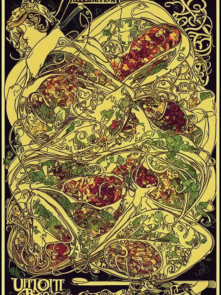 Image similar to “Beautifulart nouveau advertisement for the ultimate everything burrito. Detailed advertisement for a delicious everything burrito by Victor Horta. This burrito will change your life”