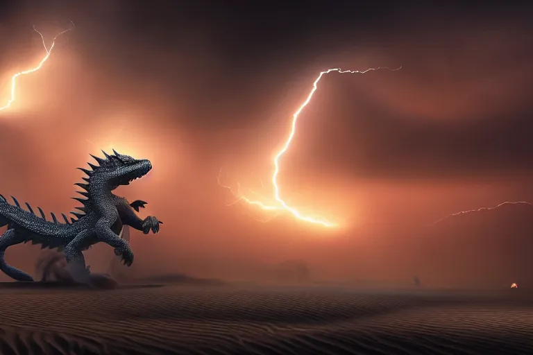 Prompt: sand dragon with lightnings and smoke is fighting against giant wind monster with cyclones, cgsociety, full length, exquisite detail, post - processing, masterpiece, volumetric lighting, cinematic, hypermaximalistic, polarizing filter,, sony a 7 r iv, cinematic, 8 k resolution, beautiful detailed, insanely intricate details, sharp edges, smooth focus, low angle,