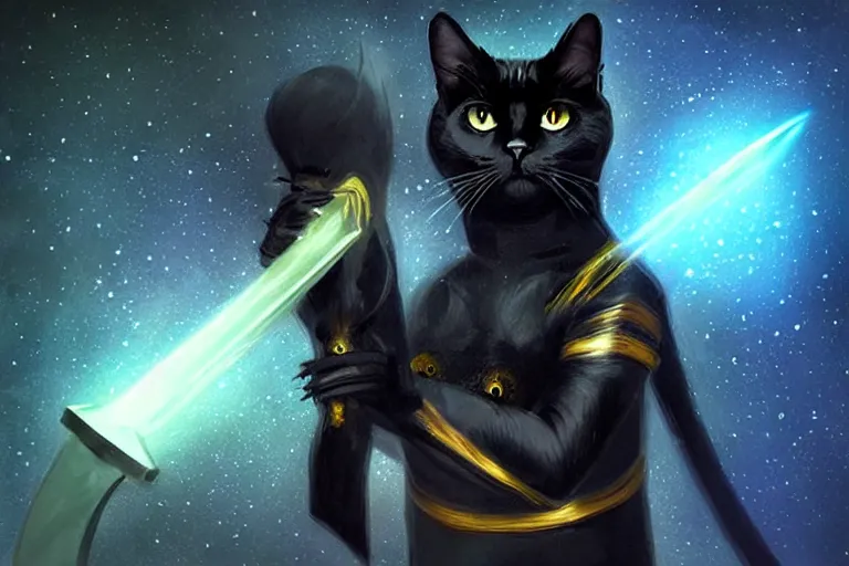 Image similar to a black cat holding a sword of galaxy, magic, digital art, glowing effect , concept art trending on artstation ,