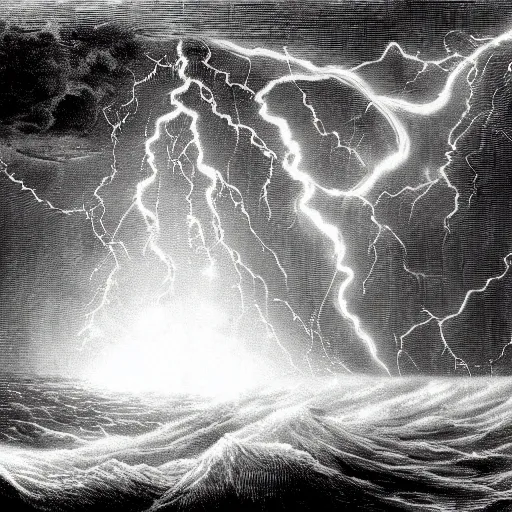 Image similar to drawing of pepe the frogs sailing through a lightning storm above a stormy ocean, by gustave dore, nineteenth century, black and white, vintage, science fiction, epic composition, dramatic lighting, highly detailed, cinematic horror, sci fi