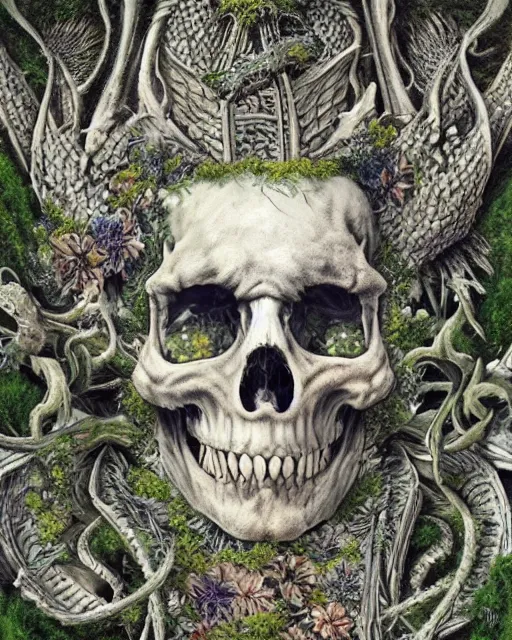 Image similar to white dragon skeleton covered in moss and flowers, intricate details, hyperrealistic, hr giger