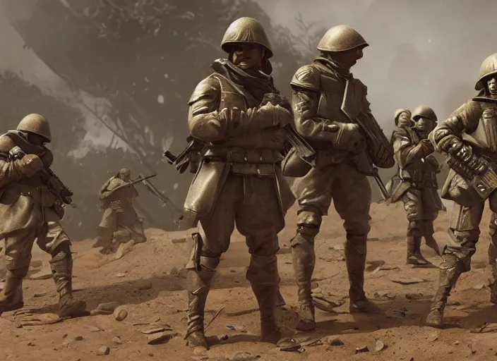 Prompt: still of christian soldiers fighting in world war one, mars setting, dieselpunk, concept art, artstation, stephen bliss, unreal engine, game screenshot