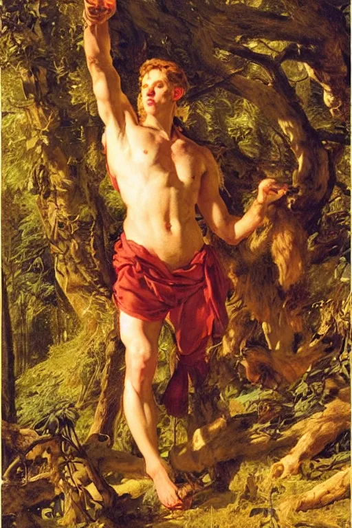 Image similar to Baccus, golden hour, in a forest, artstation, by J. C. Leyendecker and Peter Paul Rubens,