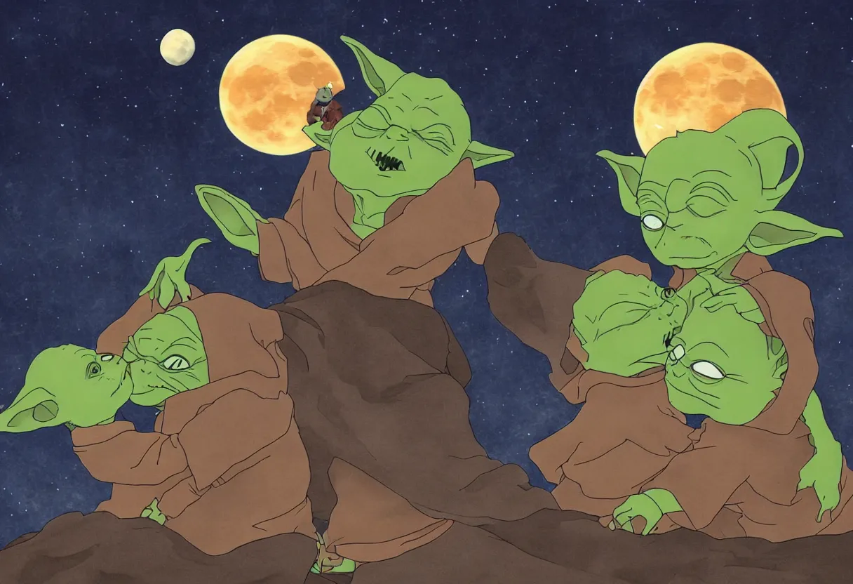 Image similar to yoda and naruto kissing under the moon