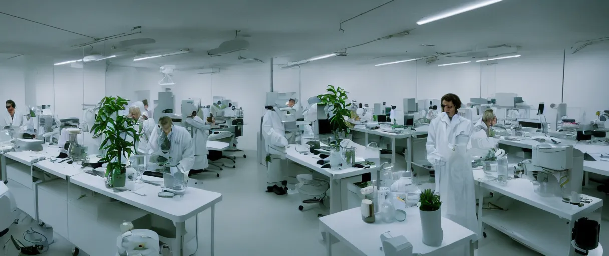 Image similar to movie still 4 k uhd 3 5 mm film color photograph of a clean white futuristic minimal biology lab full of plants