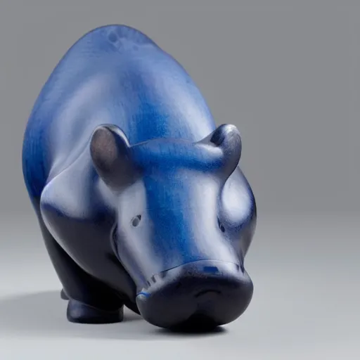 Image similar to a zoomed out studio product shot of a rounded carved smooth cherry wood and resin hippopotamus in profile, like a catalog photograph, where distinct sections of the carving are blue resin, but is mostly wood, with a smooth featureless minimalist short wooden nose with no nostrils, and a round minimalist behind