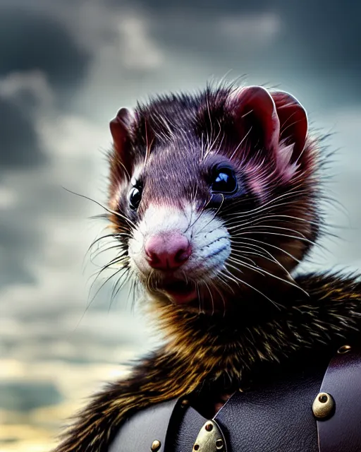 Prompt: ferret warrior, furry, fantasy, viking, high detailed, photography, cloudy, lightweight leather armour, scandinavia, plain, detailed face, look into the distance, serious face, full body, in helmet, in full growth, professional photographer, masterpiece, 5 0 mm, extremely detailed, digital art 8 k