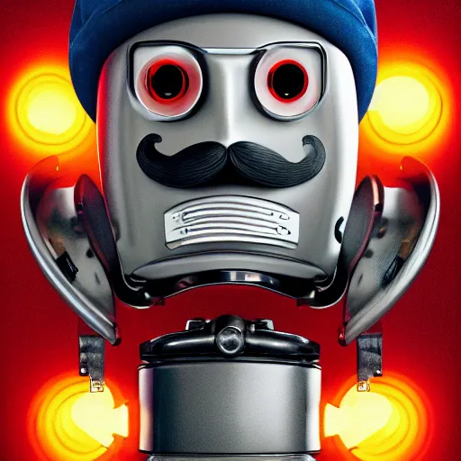 Image similar to portrait of robot with a moustache wearing french beret, beautiful lighting, sharp, details, hyper-detailed, HD, HDR, 4K, 8K