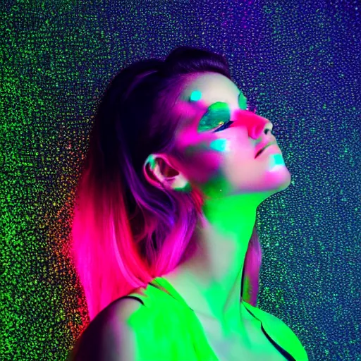 Prompt: a girl glowing with neon colors, high details, high modernization, high stylization, photo model