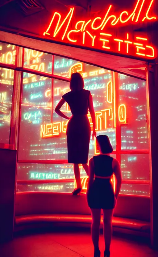 Image similar to vertical movie frame portrait of girl in 5 0's retro restaurant interior, neon - decorated urban on night in the city seen through the window, modern interior design, architectural design, vintage, night blade runner, dark, postapocalyptic, clean lines, 4 k, octane, asian futuristic city at distance, big windows, octane, wide angle