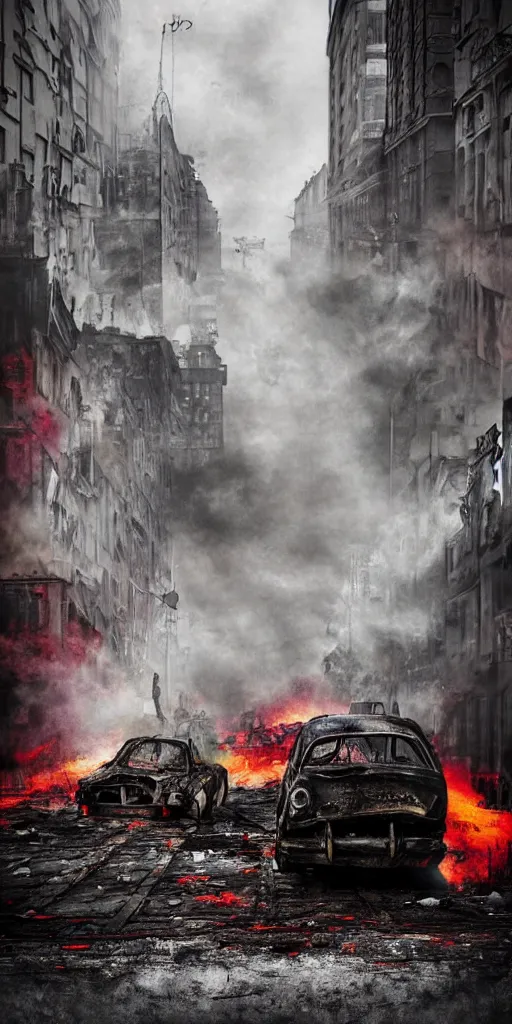 Image similar to post - apocalyptic kreuzberg streets, burned cars, explosions, colorful smoke, hyperrealistic, gritty, damaged, dark, urban photography, photorealistic, high details