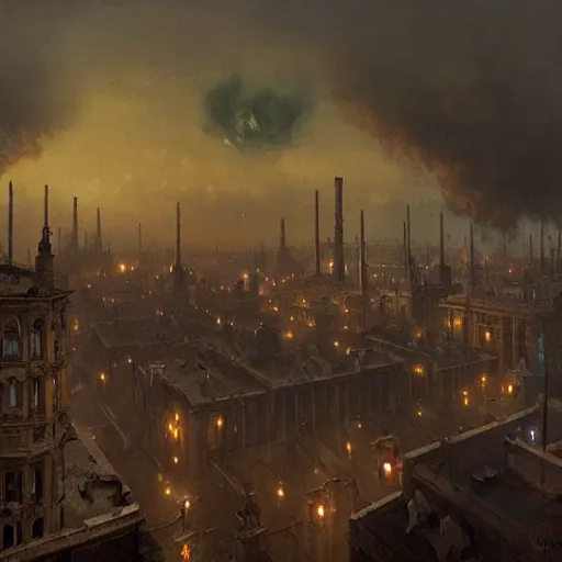 Prompt: Hyper realistic painting of a victorian city covered my smog, dark fantasy, dark clouds above with moonlight shining through them, industrial buildings, view from above, by Greg Rutkowski