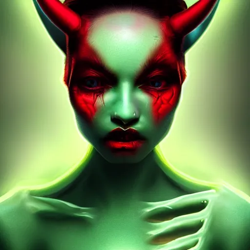 Image similar to realistic female alien, medium shot portrait, devil horns,,!!!!! human eyes!!!!!!, green body. red eyes, background flames