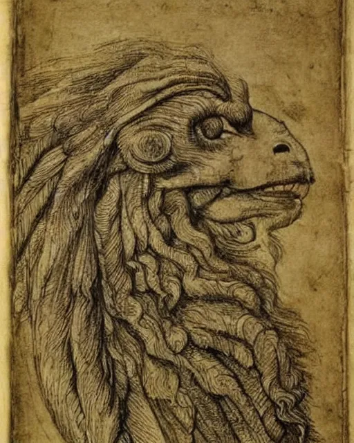 Image similar to a creature with four faces in one, human eyes, eagle beak, lion mane, two horns on the head, drawn by da vinci. symmetrical