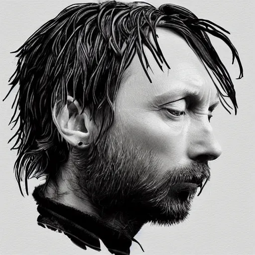 Prompt: “Thom Yorke face in profile, made of flowers, in the style of the Dutch masters, dark and moody”