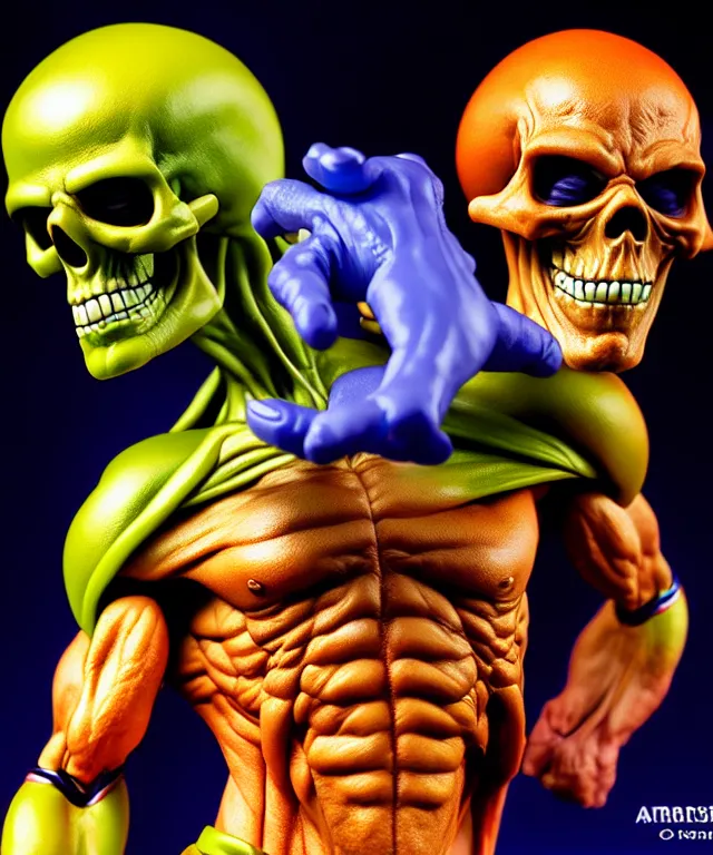 Image similar to hyperrealistic rendering, skeletor, by art of skinner and richard corben and jeff easley, product photography, action figure, sofubi, studio lighting, colored gels