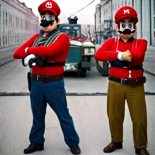 Prompt: cosplay mario in the ussr during the great purge with machine guns,
