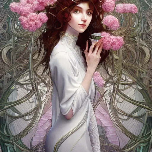 Image similar to a photograpic portrait of a anthropomorphic mimosa wearing white clothes, fantasy, intricate, elegant, highly detailed, digital painting, artstation, concept art, smooth, sharp focus, illustration, art by artgerm and H R Giger and alphonse mucha