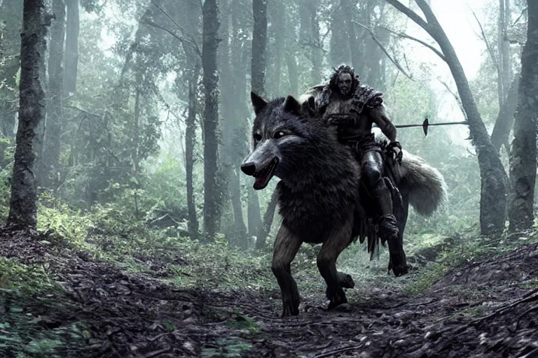 Image similar to vfx movie closeup detailed ancient armored warrior orc hunting riding large wolf in the forest, natural lighting by emmanuel lubezki