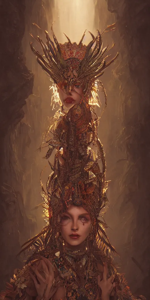 Image similar to a Photorealistic dramatic fantasy render of a beautiful woman wearing a beautiful intricately detailed Aztec Insect shaman mask and costume by WLOP,Artgerm,Greg Rutkowski,Alphonse Mucha, Beautiful dynamic dramatic dark moody lighting,shadows,cinematic atmosphere,Artstation,concept design art,Octane render,8K W 768