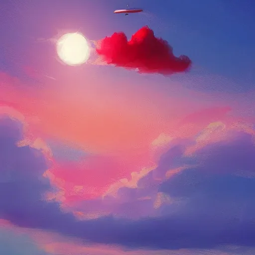 Image similar to a small sailboat flying through the sky, fluffy clouds, red-pink sunset, floating, fantasy, concept art, illustration, artstation award, bright