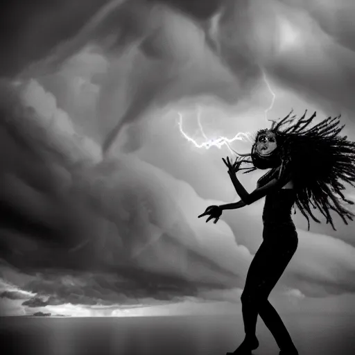 Prompt: wild woman dancing in an epic storm with lightning, fire, creepy shadows, Tim Burton, black and white photograph, 40mm, hyper detailed, 8k, clear,