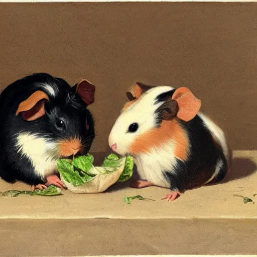Image similar to two guinea pigs eating lettuce, in the style of anders zorn