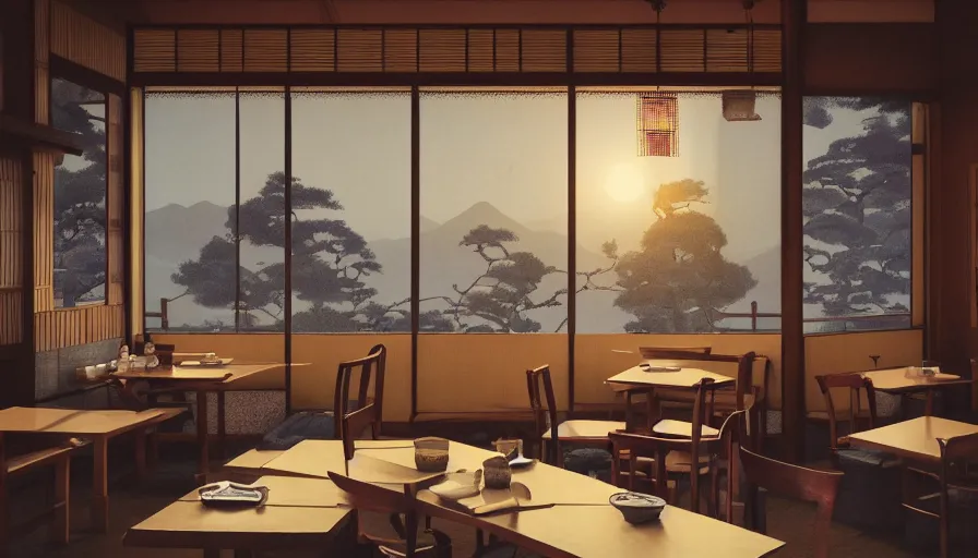 Image similar to old japanese restaurant with tables and chairs, sunrise through windows, old lady, hyperdetailed, artstation, cgsociety, 8 k