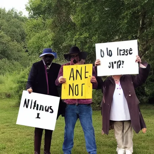 Prompt: 3 cows standing on 2 legs holding signs