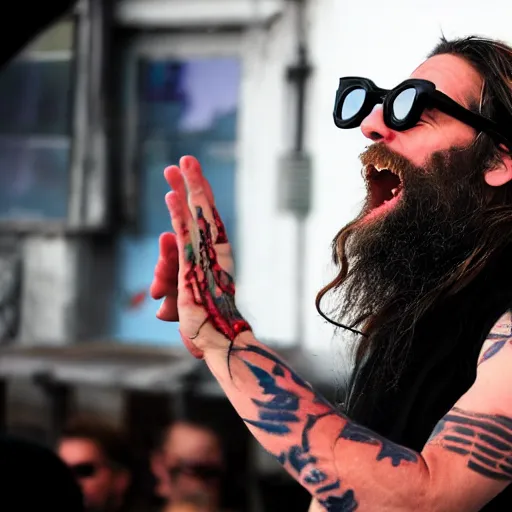 Prompt: cinematic photo of 3 9 - year - old french bearded long - haired yoga punk singer wearing wraparound sunglasses. he also works as a commercial model and actor. looks like brad pitt. telling jokes on a smoky stage in los angeles.