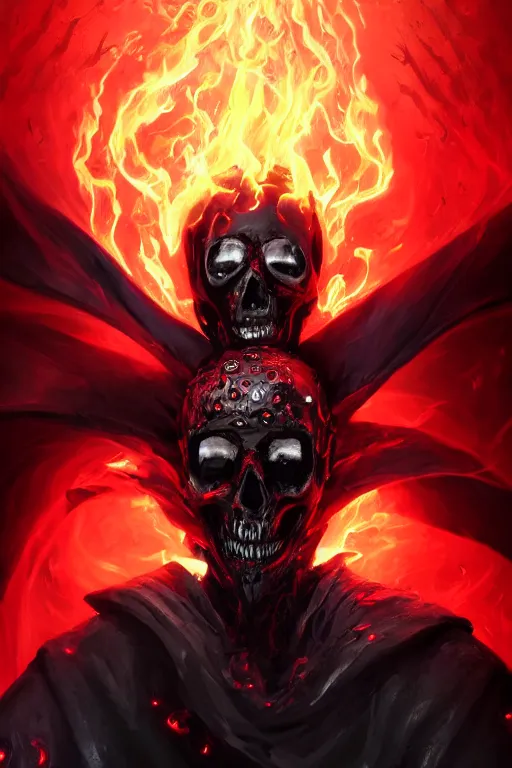 Prompt: A full body portrait of a mysterious character with a flaming skull with a very long hooded blood red and black cloak, tentacles coming out the ground art by Jason Chan and Feng Zhu, ominous, cosmic horror, trending on artstation, Ultra detailed, hyper realistic 4k