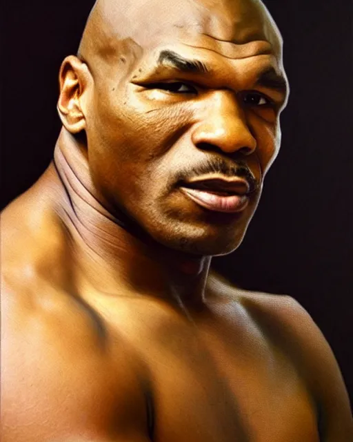 Prompt: beautiful glorious realistic oil painting of mike tyson, bokeh, baroque style by bouguereau, sunset, highly detailed, 8 k intricate
