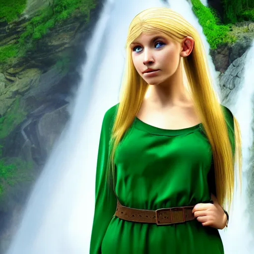 Prompt: beautiful young blonde-haired elf woman tucking her hair behind her ear and wearing a green dress in front of a waterfall, very very very beautiful, trending on artstation, 4k