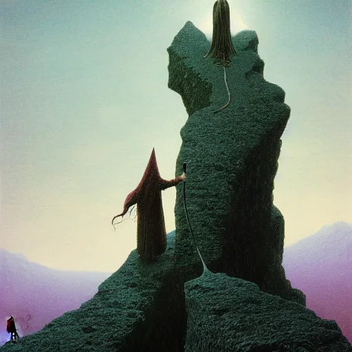 Image similar to The wizard merlin stands on a mountain fighting a harde of dragons, by Zdzisław Beksiński, trending on artstation, 8k, landscape photo-reality, landscape photo-imagery