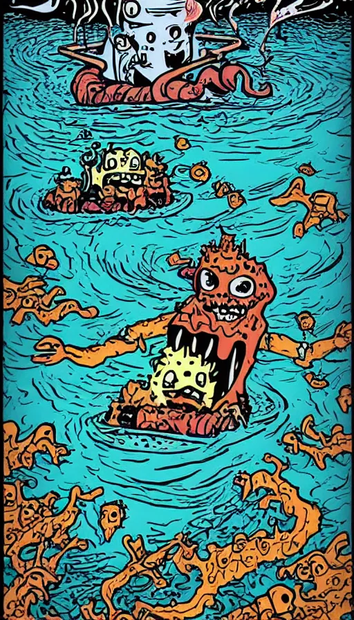 Image similar to man on boat crossing a body of water in hell with creatures in the water, sea of souls, by jhonen vasquez