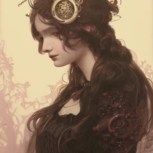 Image similar to portrait of a gothic lolita, D&D, fantasy, intricate, elegant, highly detailed, soft lighting, soft mood, digital painting, artstation, smooth, sharp focus, illustration, art by Tia Kratter, Katherine Sarafian, artgerm and greg rutkowski and alphonse mucha