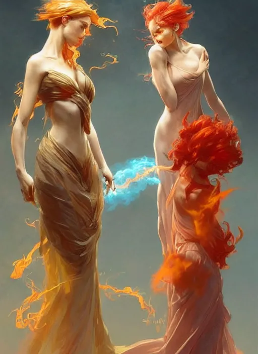 Image similar to a couple of spirits made of fire and smoke, beautiful high quality realistic fantasy art, trending on artstation by artgerm and greg rutkowski and alphonse mucha