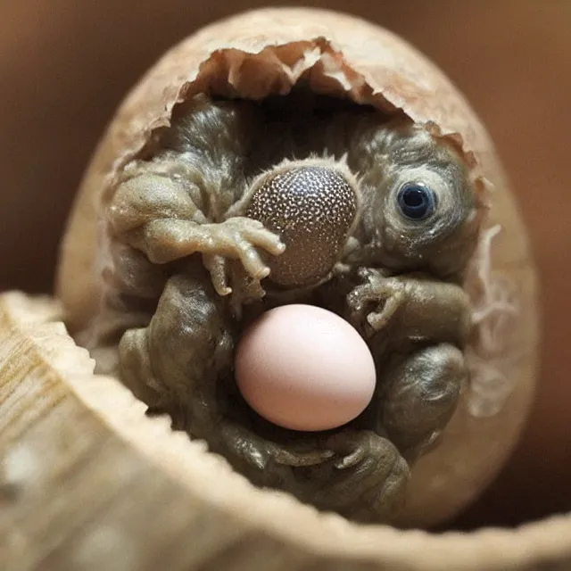 Image similar to a very cute tiny baby tardigrade with huge eyes emerging from a chicken - egg as he breaks through the shell and peaks out for the first time, awww it's a perfect baby tardigrade, how cute?