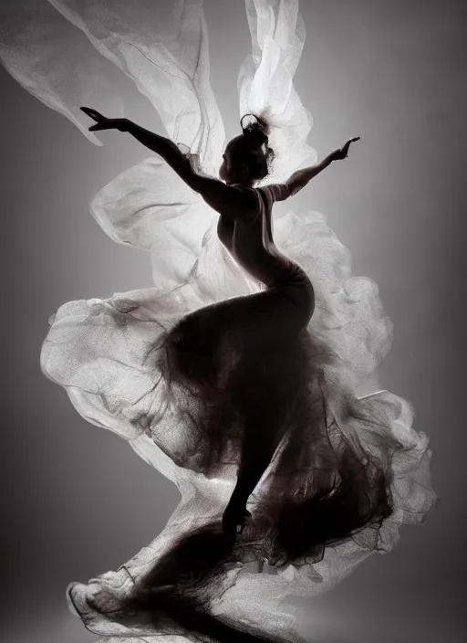 Image similar to a Photorealistic dramatic hyperrealistic render of a glamorous beautiful Female smoke dancer by Ken Brower and Deborah Ory of NYC Dance project,Lois Greenfield,Flowing cloth and smoke,Beautiful dynamic dramatic dark moody lighting,volumetric,shadows,cinematic atmosphere,Octane render,8K