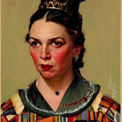 Prompt: Frontal portrait of a maximalist queen of fictional ethnicity. A painting by Norman Rockwell.