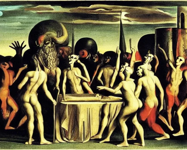 Prompt: a pagan ritual to summon the partying god by de chirico, giorgio