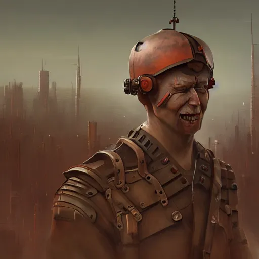 Image similar to a highly detailed epic cinematic concept art CG render digital painting artwork: a young man grotesquely transforms into a dieselpunk Soviet robot. By Greg Rutkowski, Ilya Kuvshinov, WLOP, Stanley Artgerm Lau, Ruan Jia and Fenghua Zhong, trending on ArtStation, subtle muted cinematic colors, made in Maya, Blender and Photoshop, octane render, excellent composition, cinematic atmosphere, dynamic dramatic cinematic lighting, precise correct anatomy, aesthetic, very inspirational, arthouse