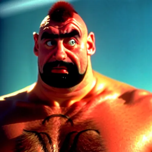 Image similar to mr. bean as zangief from the streetfighter movie. movie still. cinematic lighting.