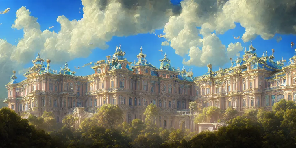 Image similar to A realistic painting of The Cat and its Rococo Palace in the sky with blue flowers and clouds, in the style of Krenz Cushart, Moebius, and Muchain, Prismatic, Rococo, Pearlescent, reflective, shimmering, highly detailed, masterpiece, dreamy, concept art, Cinema lighting, 8k, trending on artstation