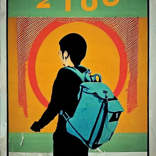 Image similar to 20 year old tourist wearing a backpack walking through hanoi. Vietnamese propaganda poster.