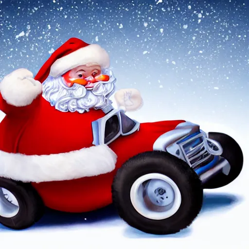 Image similar to Santa Clause driving a rally car he is going fast there is smoke coming from the tires there is snow on the track you can clearly see Santa Clause driving he is fat and jolly, realistic lighting, realistic shadows, highly reflective, photo realistic, hyper realistic