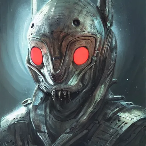 Image similar to Portrait of an alien man by Greg Rutkowski, hard predatory look pointed ears, prominent jaw and visible fangs, wearing a futuristic space tactical gear that looks like a mix between the samurai, viking and templar aesthetics, mix between tribal and hi-tech, highly detailed portrait, scifi, space opera, digital painting, artstation, concept art, smooth, sharp foccus ilustration, Artstation HQ