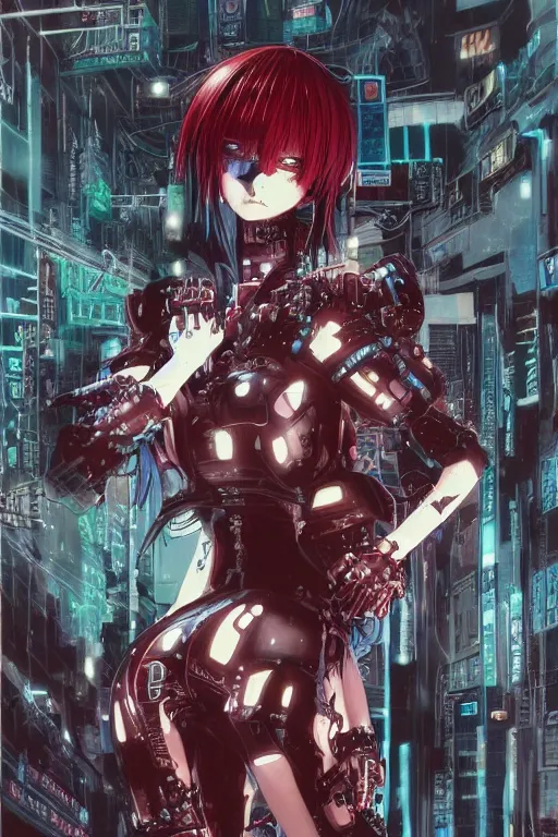 Prompt: highly detailed professional seinen mecha manga cover art of goth woman with red hair, red eyes, leather clothes, black makeup. chunibyo. horror action cyberpunk action manga cover promotional art. detailed intricate environment. pencils by ilya kuvshinov, painted by zdzislaw beksinski, inks & layouts by tsutomu nihei. blame!