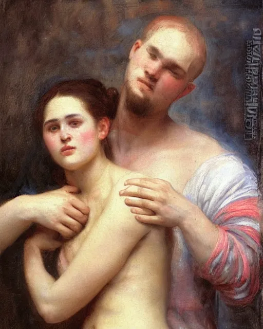 Image similar to a painting of a man holding a woman in his arms by vlaho bukovac, trending on deviantart, transgressive art, flemish baroque, furaffinity, renaissance painting